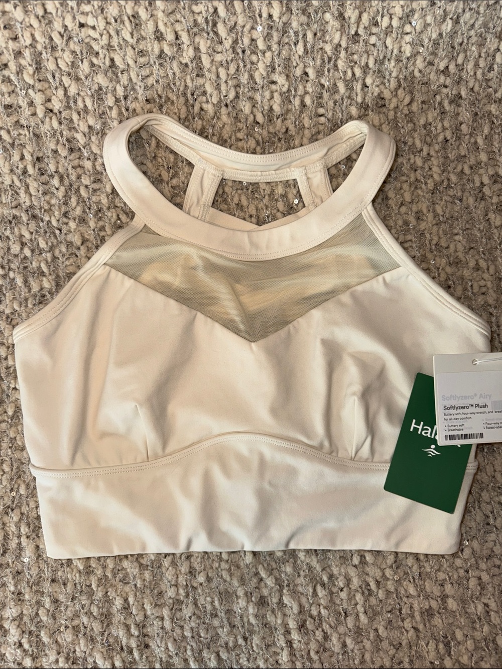 HALARA High-Neck Mesh Inset Sports Bra in Cream